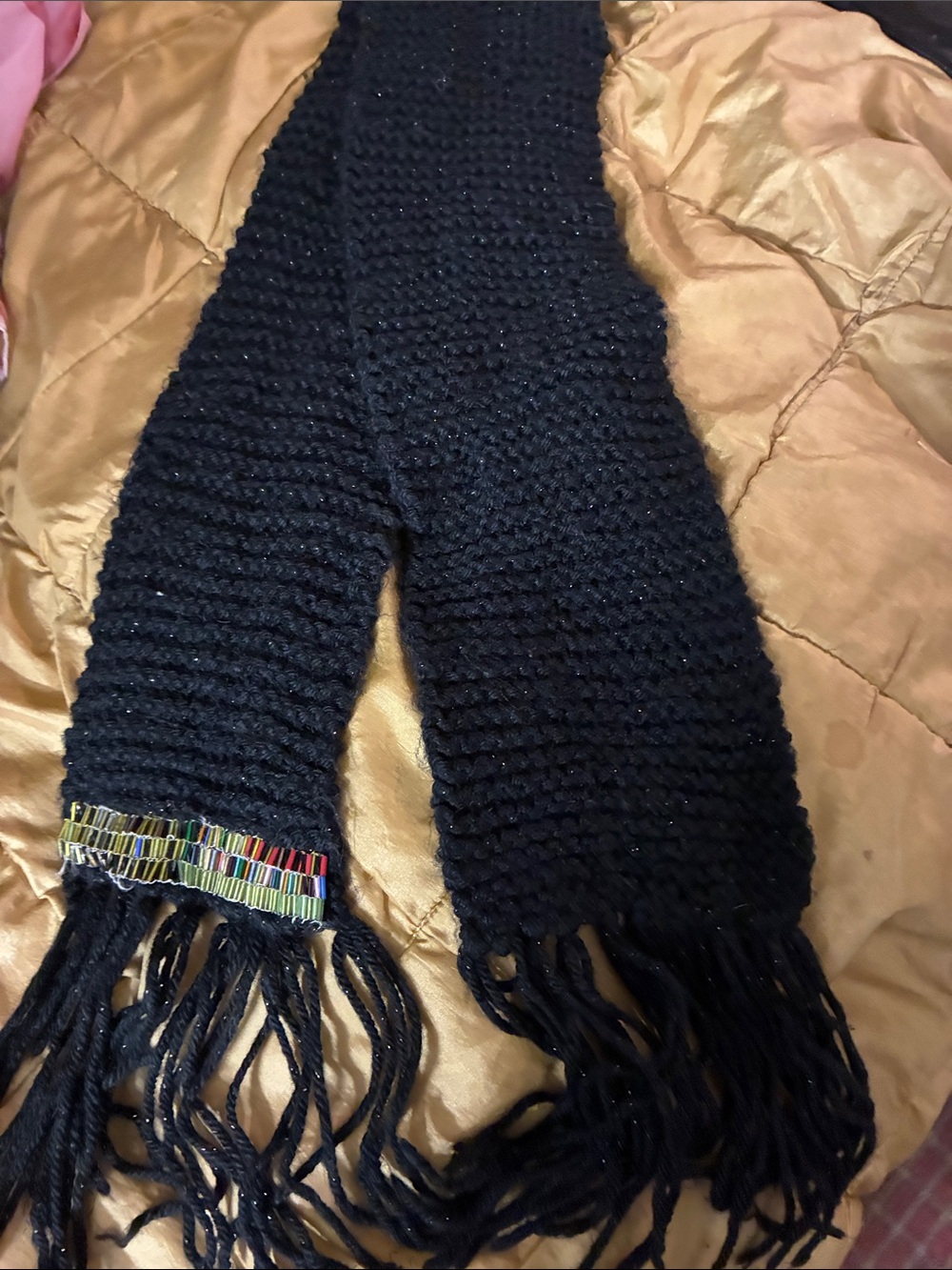 Black Knit Fringe Scarf with Beaded Accent